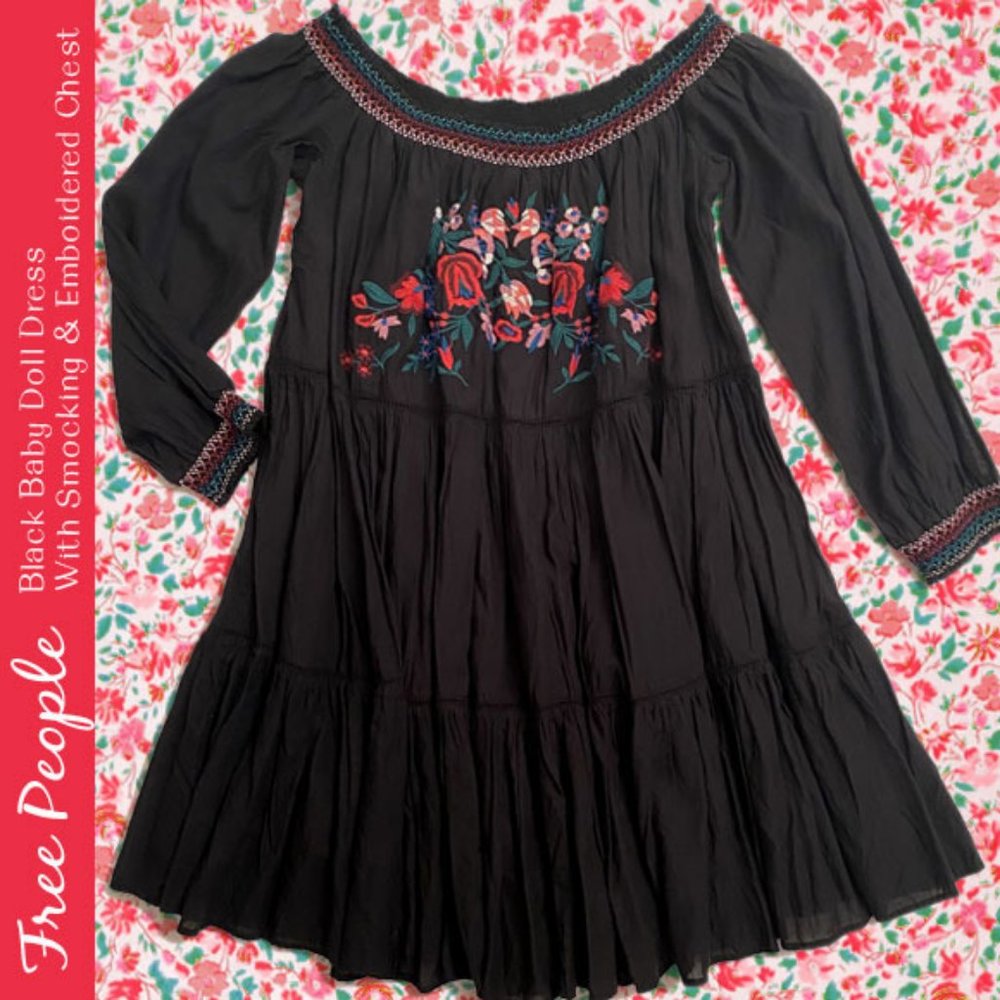 Free People Black Baby Doll Dress With Smocking & Embroidered Chest NWT Size M